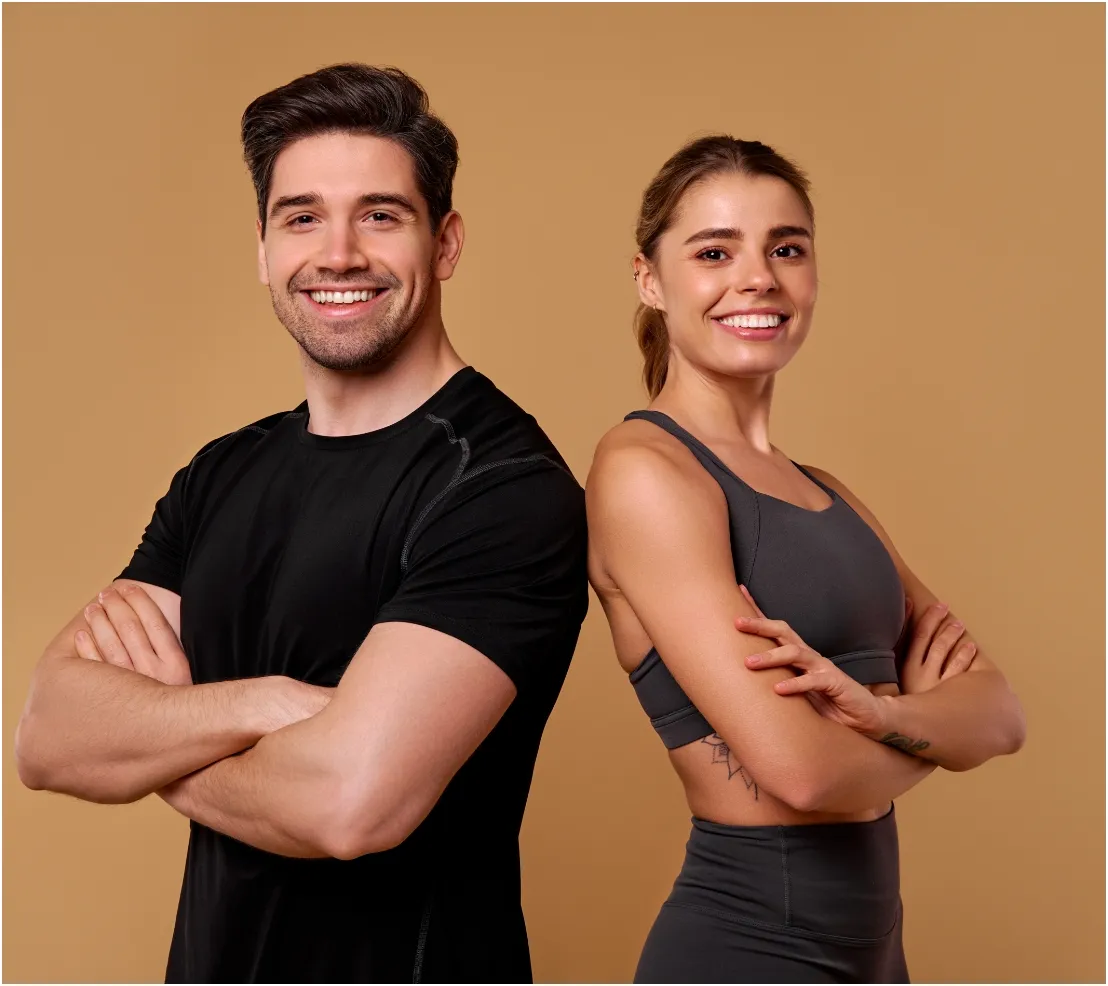 an energetic fitness duo is posing confidently aga utc